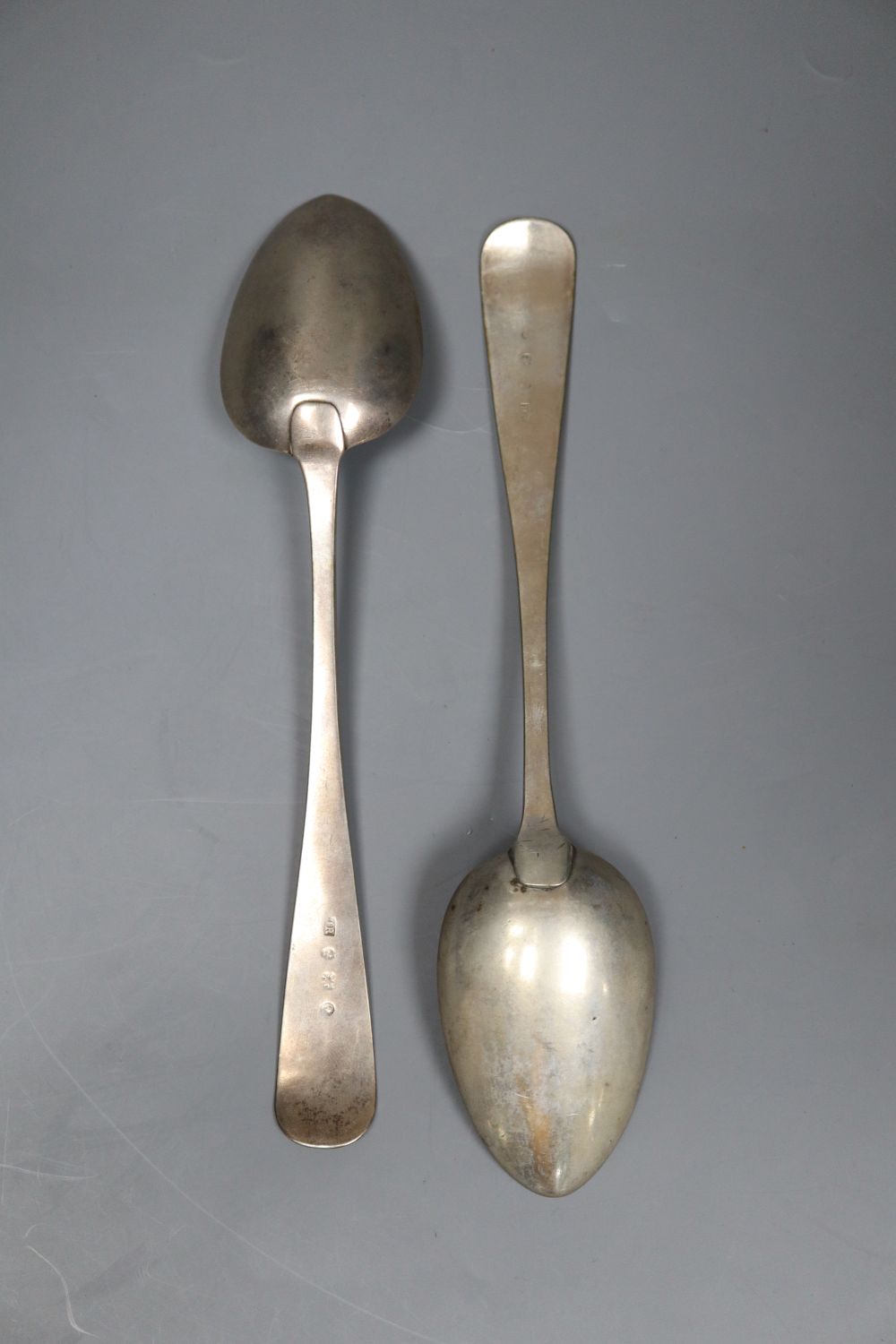 A pair of 19th century Scottish Provincial?? silver Old English pattern tablespoons, indistinct marks, maker JR, 23.5cm, 4oz.